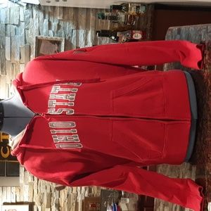 The Ohio State university zip up two front pocket hooded sweatshirt.